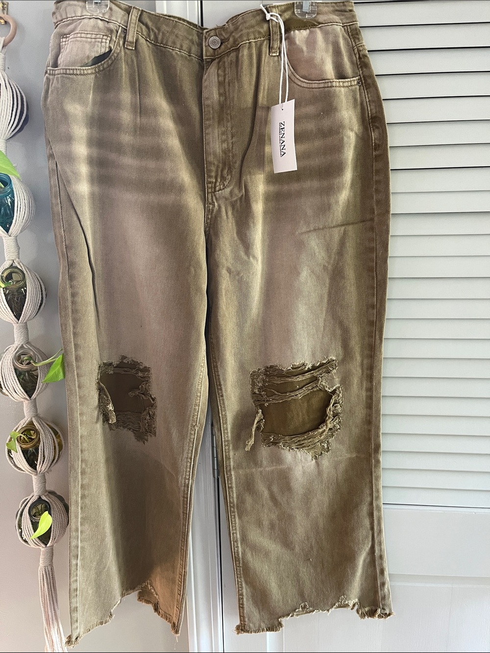 Zenana Outfitters Distressed Cropped Jeans in Olive-Tan